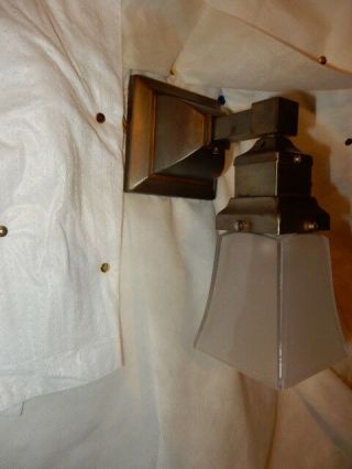 Simple Mission Style Arts and Crafts Brass Sconces With Frosted Etched Shades 3