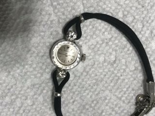 Vintage Ladies Bulova 14K White Gold Mechanical Watch w/2 Diamonds & OEM Band 2