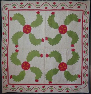 Antique 1850s Applique Red & Green Princess Feather Quilt Bud Vine Border
