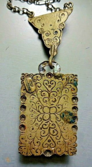 Art Deco Brass Filigree Turquoise Stone Necklace Lavalier Marked Czech 2