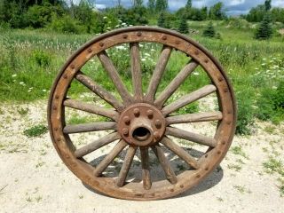 Antique Wooden Wagon Wheel Steel Tire 36” Vintage Army Wagon Wheel