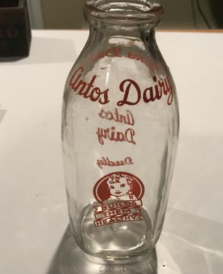 Vintage One Quart Antos Dairy Pyro Milk Bottle Great Shape Dudley Massachusetts