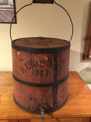 Antique Primitive Wooden Staved Kerosene Oil Bucket With Spigot
