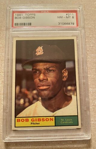 1961 Topps Bob Gibson Baseball Card 211 Psa 8 Nm - Mt St.  Loiiis Cardinals Hof