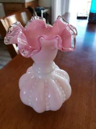 Vintage Fenton Art Glass Pink & White Silver Crest Vase 6 3/8 " Ruffled Edge A,