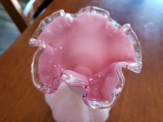 Vintage Fenton Art Glass Pink & White Silver Crest Vase 6 3/8 
