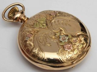 C.  1902 Waltham 14k Gold Hunting Case Ornate Antique Multi - Color Pocket Watch