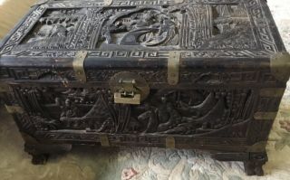 Chinese Antique Camphor Carved Wood Trunk Chest Box Ornate Scholar Brass Mounts