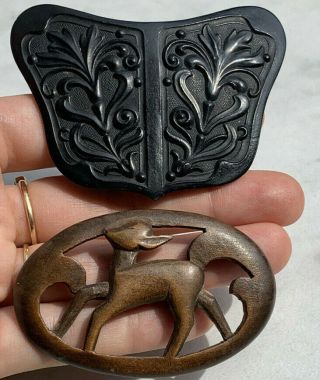 Antique Black Gutta Percha Mourning Bog Oak Carved Wood Deer Vintage Brooch Pin