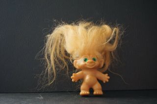 Vintage 1960s Dam Troll Doll Peach Orange Hair Green Spiral Eyes 2.  5 "
