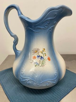 Vintage Large Ironstone Pottery Pitcher - Flowers - Blue - W/daisy