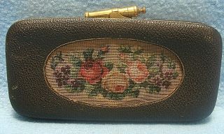 RARE c.  1860s BRASS LEATHER & EMBROIDERY CIGAR HOLDER w/ CIVIL WAR CANNON CLASP 2