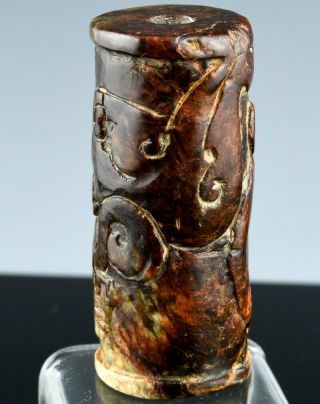 Large Chinese Archaic Jade Dragon Cylinder Pendant Bead Song To Ming Dynasty