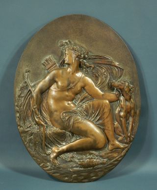 Antique Jean - Baptiste Germain French Sculpture Bronze Diana The Huntress W/ Dog