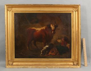 18thc Antique Barnyard Prize Bull Portrait & Border Collie Dog Oil Painting