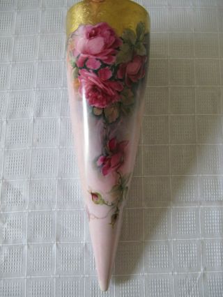RARE Antique Limoges France Hand Painted ROSES Porcelain Wall Pocket Vase 2