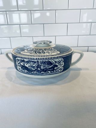 Vintage Blue & White Royal China Currier & Ives Casserole Dish & Cover