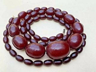 Art Deco/ Antique Cherry Red Marbled Amber Bakelite Bead Long Necklace 82g