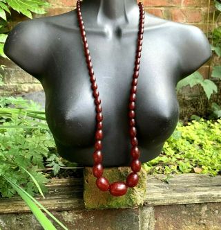 Art Deco/ Antique Cherry Red Marbled Amber Bakelite Bead Long Necklace 82g 2