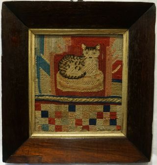 Very Small Mid 19th Century Needlepoint Of A Cat On A Cushion - C.  1850