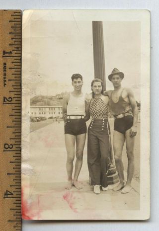 Vintage Gay Interest Photo Handsome Tough Men Woman Wild Trio Swimsuit Snapshot