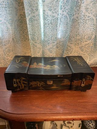 Vintage Antique Art Deco Japanese Black Lacquer Music Jewelry Box Made In Japan