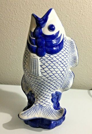 Large Vintage Chinese Blue White Porcelain Ceramic Koi Fish Vase