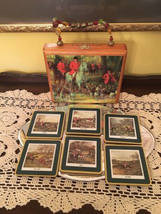 Vintage Wooden Cigar Box Purse.  Ashton Cabinet No.  3 Hunting Scene W/ Coasters