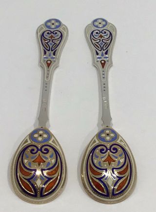 2 Imperial Russian Champleve Enamel Spoons 84 Silver Ak Gold Gilt Rare Kuzmichev