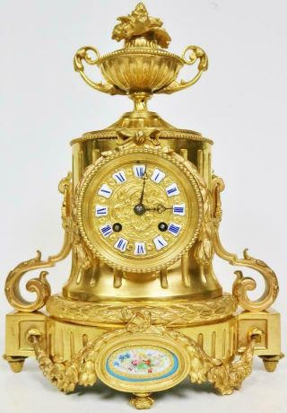 Stunning Antique French 8 Day Cast Bronze Ormolu & Sevres Porcelain Mantel Clock
