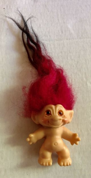 2 1/4” Vintage Troll Red Mohair Amber Gold Eyes 1960s Unmarked