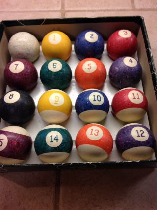 Vintage Antique Speckled Billiard Pool Balls - Set 16 In Egg Case
