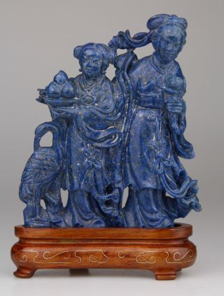 Antique Chinese Carved Lapis Lazuli Statue Lady Kwanyin Wood Stand 19th C.  Qing