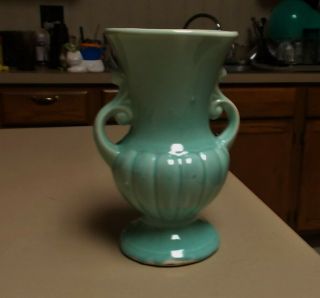 Vintage Art Pottery Vase Brush Mccoy Usa Handled Light Blue Green Color