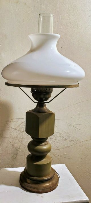 Vtg Antique Wood Brass Milk Glass Hurricane Electric Table Lamp