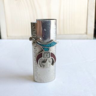 Vintage Silver Nickel Cigarette Lighter Case Holder Sleeve Fits Bic Turquoise