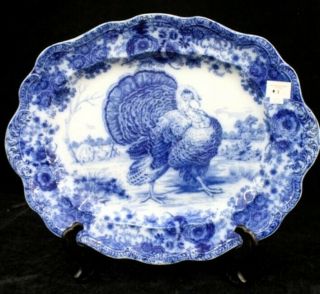 Rare Ridgways England Flow Blue Serving Platter Features Turkey Antique Platter