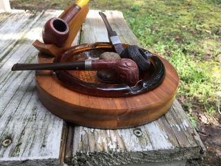 Vintage Wooden Pipe And Ashtray Stand: Light Wood With Cloth On Bottom