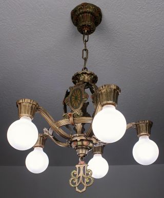 RARE 20 ' s Art Deco Antique Vintage Riddle Ceiling Light Fixture Chandelier 2