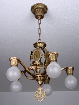 RARE 20 ' s Art Deco Antique Vintage Riddle Ceiling Light Fixture Chandelier 3