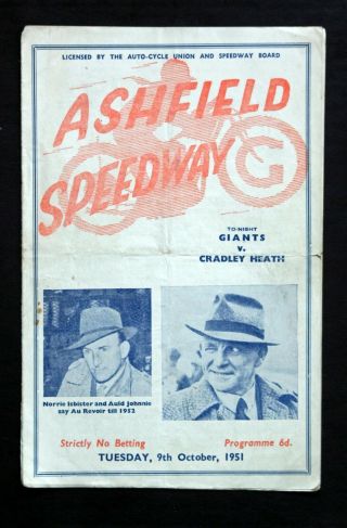 Old Rare Vintage Speedway Programme Ashfield Glasgow V Cradley Heath 1951