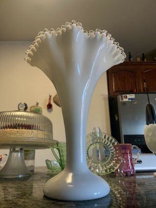 Vintage Tall Fenton Silver Crest Ruffled Top White Milk Glass Fan Vase 13” Tall