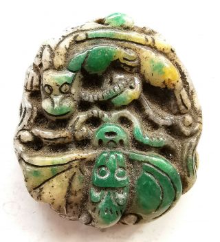 Antique Chinese Green & White Jadeite Jade Dragon Carved Necklace Pendant