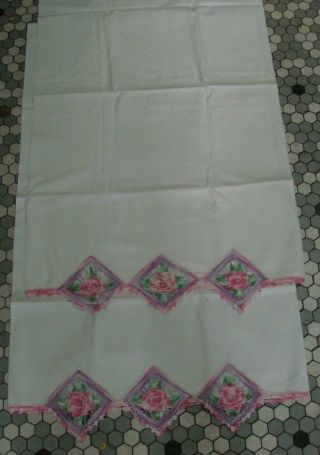 Vintage White Cotton Pillowcases Wvariegated Pink & Lavender Crochet Floral Trim
