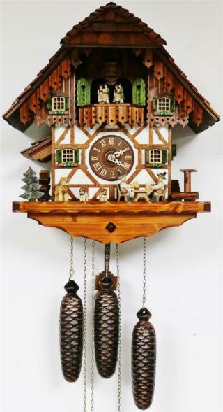 Vintage German Black Forest Weight Driven Musical Automaton Cuckoo Wall Clock