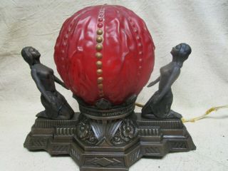 Antique Art Neoveau Deco Metal Double Nude Frankart Nuart Era Lamp W/ Red Globe