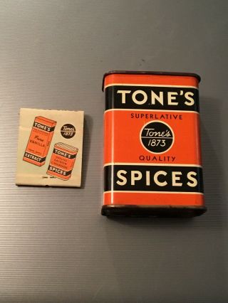 Vintage Tone’s Spices Ground Allspice 1 1/2 Oz Spice Tin & Full Adv Match Book