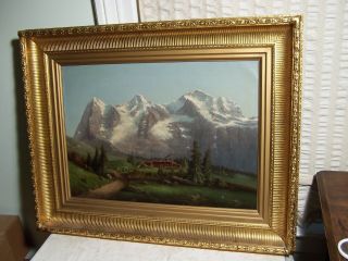 Antique Signed Austrian Landscape Oil Painting Carved Wood Gold Gilt Frame