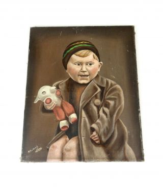 Antique French Oil Painting Boy With Toy By M.  Duhaus Art Deco About 1920