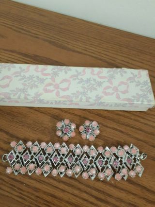 Vintage Pink Rhinestone Bracelet And Earrings Set,